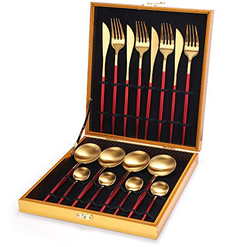 FZFHD Dishwasher Safe 16 Piece redCutlery Set Silverware Wooden Box Stainless Steel Mirror Polishing Tableware Spoon Dinnerware Wood Gift Box Service for 4