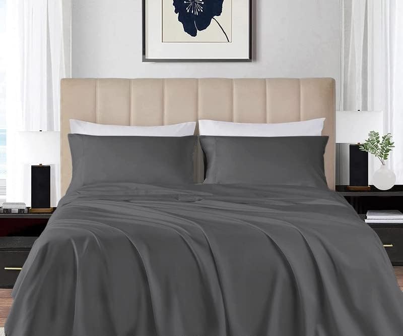 Juego de sábanas de 4 piezas de 800 hilos, 100% algodón suave, tamaño King, color gris oscuro, sábanas de algodón de fibra larga con funda de