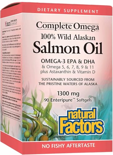 Natural Factors 100% Wild Alaskan Salmon Oil - Brain & Eye Health Support Supplement - Fish Oil Supplement for Healthy Heart & Joints - 90 Enteripure Softgels (90 Servings)