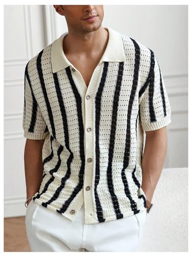 Men's Striped Crochet Shirts Hollow Out Button Down Shirts Knit Short Sleeve Casual Vacation Top3