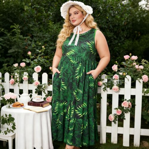 Image of Moon Wood Women's Plus Size Sleeveless Summer Dress Crewneck Tank Casual Flowy Maxi Dress with Pockets Vacation Outfits
