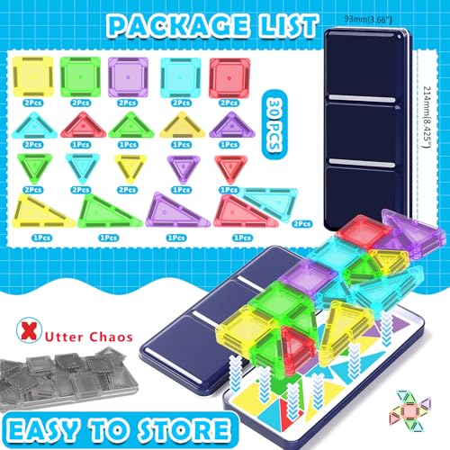 Image of Mini Magnetic Tiles Travel Set with Case 30pcs, Magnet Travel Toys | Portable Mini Size Magnetic Tiles for Kids Ages 3-5 4-8 Boys Girls, STEM Magnet Toys for Outdoor, Gifts for Toddlers