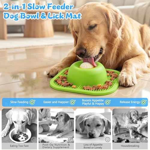 Image of Slow Feeder Dog Bowls & Lick Mat for Liquid and Thick Treat, Anti-Slip Dog Lick Bowl with Interactive Rolling Ball, 5 /6 Cup Pup Licking Toy for Large Medium Small Dogs and Cats-Large Green