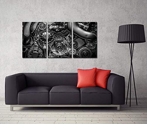 Homeoart Engine Wall Art Closeup Gear And Chain Black And White Picture Canvas Print Gallery Wrapped Man Cave Wall Decor 24"X48" (3 Panels) #TOP1