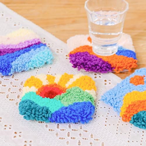 Image of Allazone Punch Needle Kits, Punch Needle Coasters Kit, Punch Embroidery Kit with Felt Yarns Hoop Tools for DIY Coaster Crafts (Sceneries)