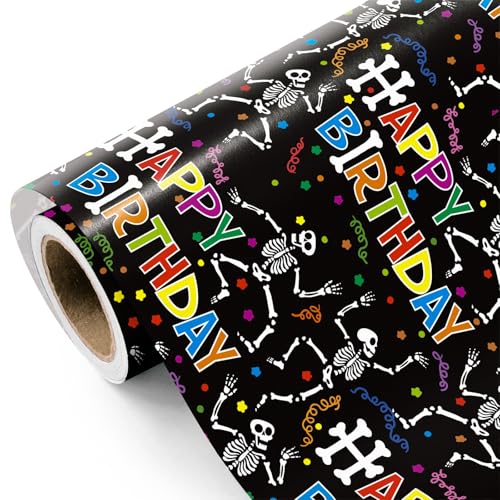 WRAPAHOLIC Birthday Wrapping Paper Roll - Mini Roll - 17 Inch x 16.5 Feet - Colorful Skeletons and Happy Birthday Wrapping Paper for Kids Girls Boys Halloween