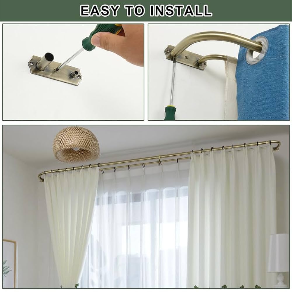 Antique Gold Double Curtain Rods, Wrap Around, Room Darkening, 3/4-Inch Front And 5/8-Inch Back Telescoping Blackout Curtain Rods For Windows 28-48 Inch