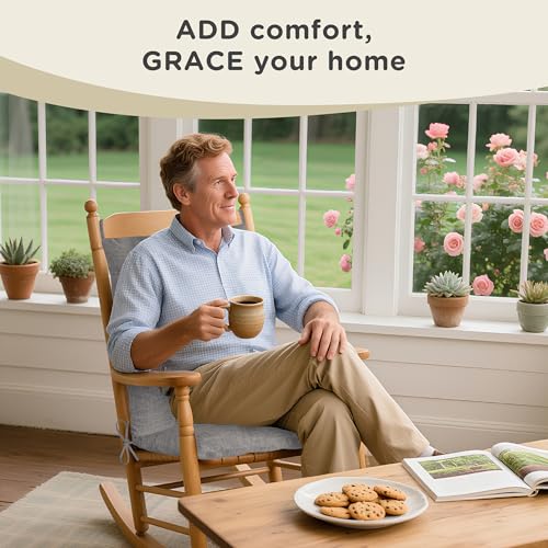 Image of AddGrace Rocking Chair Cushions Indoor with Ties 21x17 /17x17 Light Grey | Non Slip, Textured Fabric, Tufted, Seat & Back Cushion for Living Room, Bedroom, Seniors, Small Antique Rockers, Gliders