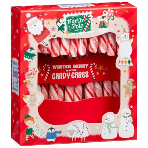 Image of Candy Canes North Pole Winter Berry Flavour (12x 10g) 120g Box By Cougar | Festive Holiday Sweet Treats Gift Box | Classic Striped Christmas Candy for Parties, Gifting, Stockings, Decorations & Celebrations | Pack of Holiday Canes (IMPORTED-UK)