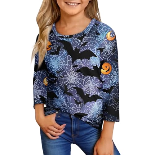Girls Halloween Bat Print Long Sleeve T-Shirt Soft Casual Fall Top Fun Holiday Outfit for Kids Black Orange Tee