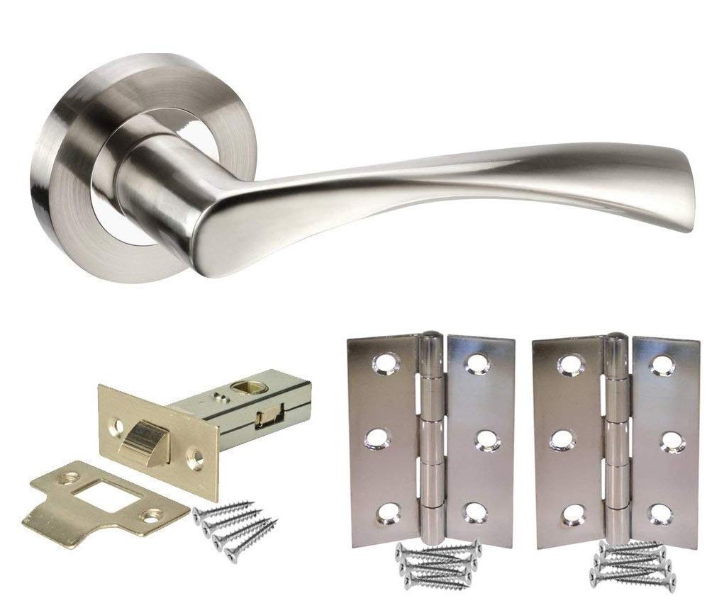 Jiyo.Outdoor Astrid Design Modern Door Handles Lever Latch On Round Rose in Duo Finish with Tubular Latch & Pair of Hinges - 1 Set