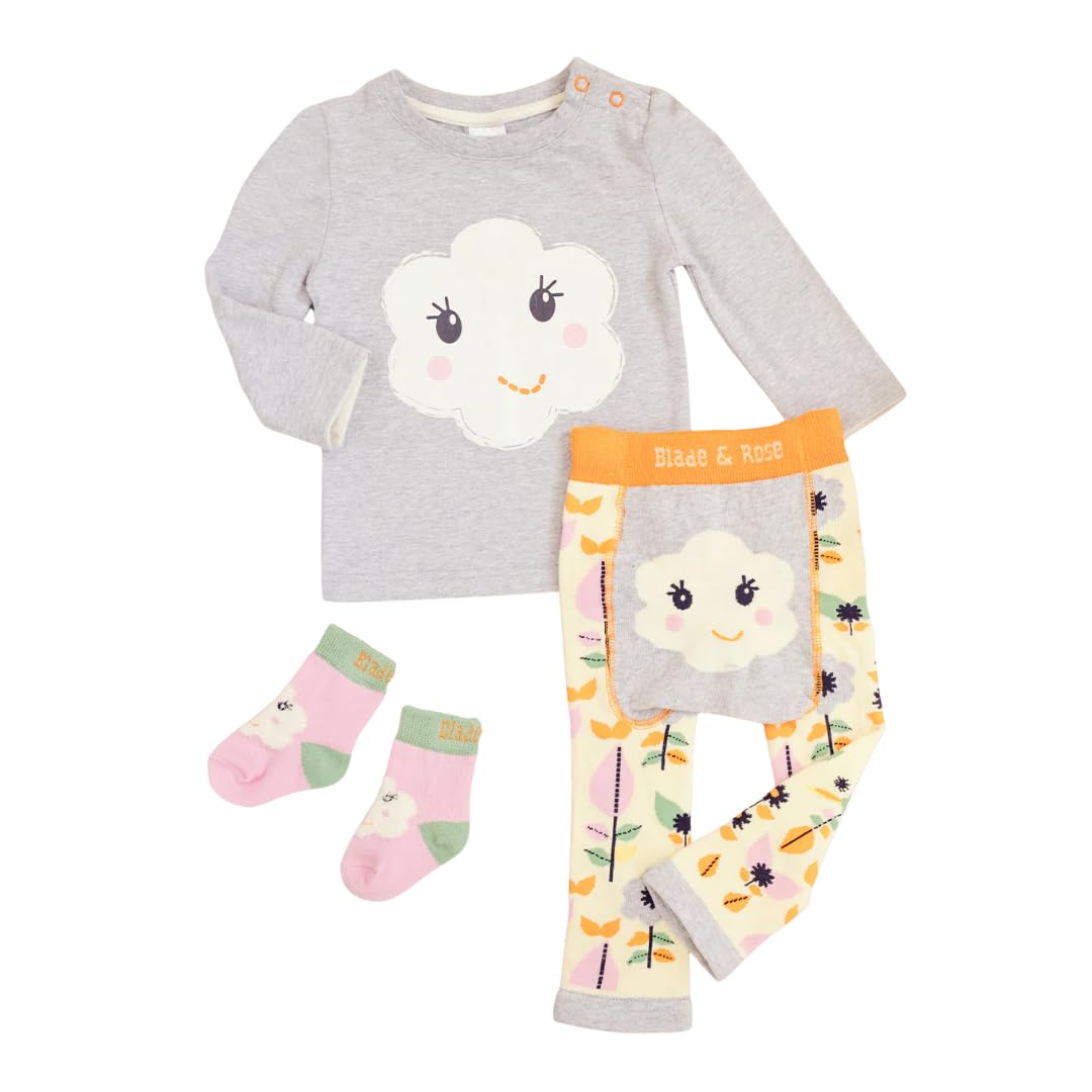 Blade & Rose | Flower Face Outfit (3PC) | Baby & Toddler Outfit | Ages 0-6 Months | Grey/White/Yellow