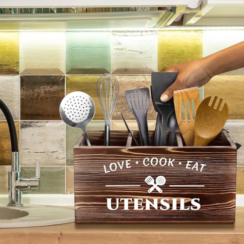 Large Utensil Holder – Wooden Caddy Organizer with 3 Compartments for Kitchen Counter – Utensil Caddy for Kitchen Countertop – Spatula & Cooking Tool Storage - Image 4