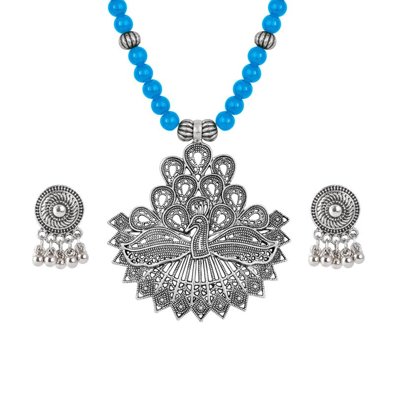 JFL - Jewellery for Less Contemporary Handcrafted Peacock German Silver Oxidized Beaded Necklace Set with Earrings for Women & Girls (Light Blue),Valentine (B08ZS8S9DJ) Amazon Price History, Amazon Price Tracker