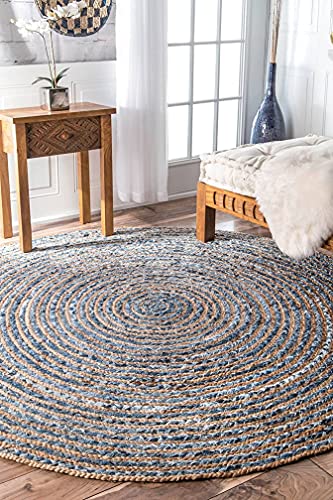 Image of Jute Braided Natural Hand Woven & Reversible Rug for Living Room Kitchen Entryway, Farmhouse Rustic Burlap Carpet Floor Mat (denimjute, 150cm)