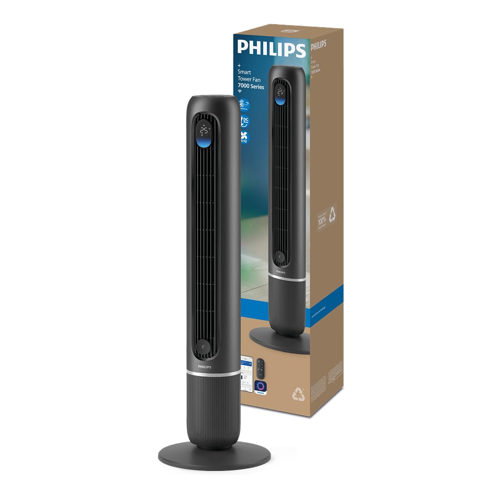 PHILIPS Ventilateur Colonne Série 7000 - Ventilateur connecté, Puissant 8,4 m/s, ultra-silencieux 22 dB, mode Sommeil, 12 vitesses, affichage température, minuterie 12h, oscillation 80° (CX7550/01)