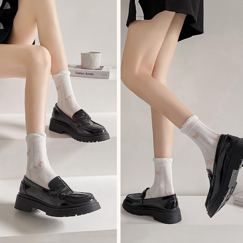 5 Pair Cute Ankle Socks for Women Coquette Bow Print Ruffle Frilly Cotton Socks Lace Trim Breathable Summer Socks4