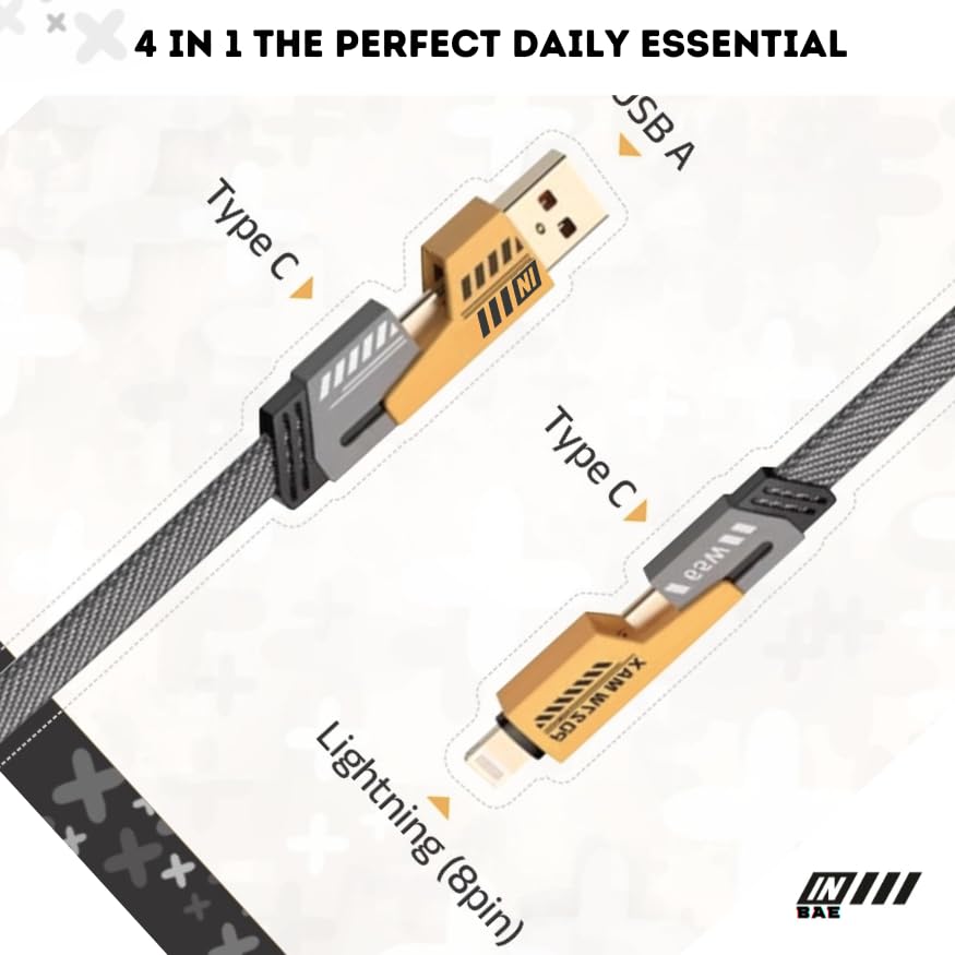 Image of GrunX INBAE 2022 Model 9th Gen 4 In 1 Cable | Silver Metal Ports | Support Fast Charging & Data Transfer | Nylon Braided | Supporting Type C, Lightning, Type A For All iPhones & Laptop