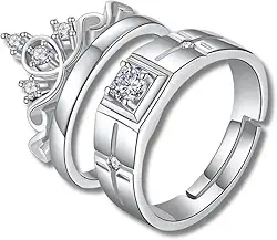 Par de Alianças de Compromisso em Aço Inoxidável Banhado a Prata Unissex Ajustáveis King and Queen – Acompanha Bolsa de Veludo