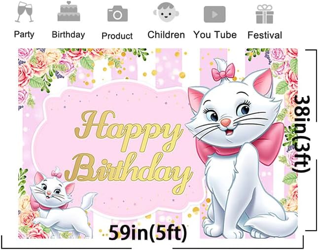 Miniatura 2 de Telón de fondo de gato rosa para suministros de fiesta de cumpleaños, fondos de fotos de Marie con temática de gato Marie, cartel de baby shower, 59