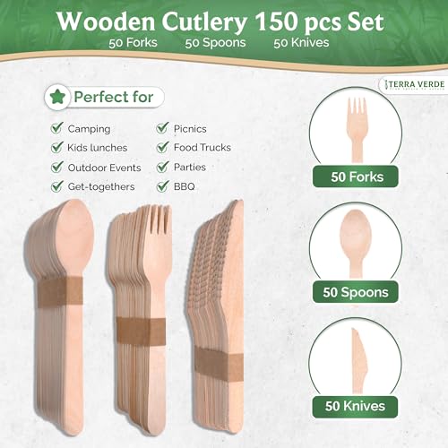 Cubiertos de madera de abedul pulida sin astillas Terra Verde, pack de 150 piezas de alta calidad 3