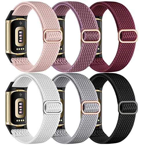 Maledan 6 Pack Stretchy Solo Loop Compatible with Fitbit Charge 5 Bands/Fitbit Charge 6 Bands for Women Men, Soft Nylon Adjustable Sport Elastic Wristbands Replacement Strap for Fitbit Charge 5/6