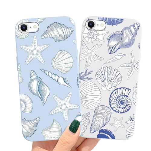 lioscre 2 Packs Ocean Shells Starfish Pattern Phone Case for iPhone 7/8/ SE 2020/SE 2022 4,7', Summer Cute Aesthetic Funda with Liquid Silicone Shockproof Protection Soft Cover for Women Girls