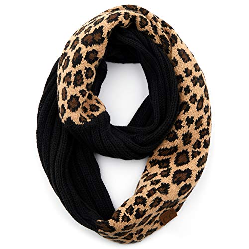 C.C Exclusives Solid Color Ribbed Infinity Scarf with Leopard Pattern Cuff (SF-80) (Scarf Leopard/Black)