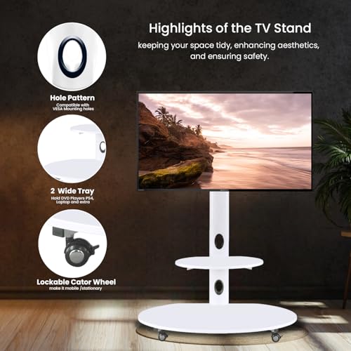 Image of Mobile TV Stand on Wheels - Height Adjustable Floor Stand for 32-65 inch LED & Smart TVs | Wooden & Metal Frame | Rolling TV Trolley with Shelf (White)