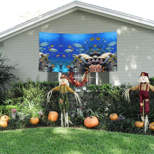 MINDBBDFJ Sea Turtle With Fishes Print Banners And Signs For Outdoor/Indoor,Personalized Banner Customizable Parties Halloween Banner (180x90cm)3