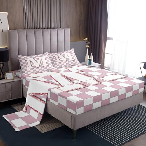 Image of Erosebridal Pink Initial M Sheet Set Full Kawaii Plaid Checkered Bed Sheets Cute Personalized Monogram Bedding for Kids Girls Teen Women,Fashion Grids Gingham Bed Sheets Set 4 Piece
