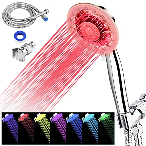 Zoyehoo Shower Head, Seven Colors LED Shower Head, High Pressure Shower Head with Handheld, Adjustable Shower Head with Bracket & 60 Inch/1.5 m Hose