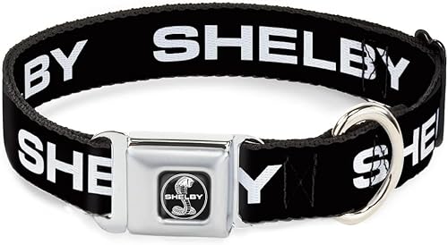 Collar de perro hebilla de cinturón de seguridad Shelby texto solo negro blanco 9.5 a 13 pulgadas 1.0 pulgadas de ancho