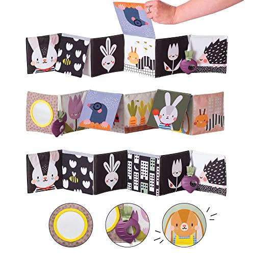 Image of Taf Toys Urban Garden Soft Cloth Newborn Book, Crinkle Baby Book. High Contrast Sensory Toys. Early Education Activity Toy. Infant Tummy Time Toys. Multi-Sensory Textures and a Baby-Safe Mirror