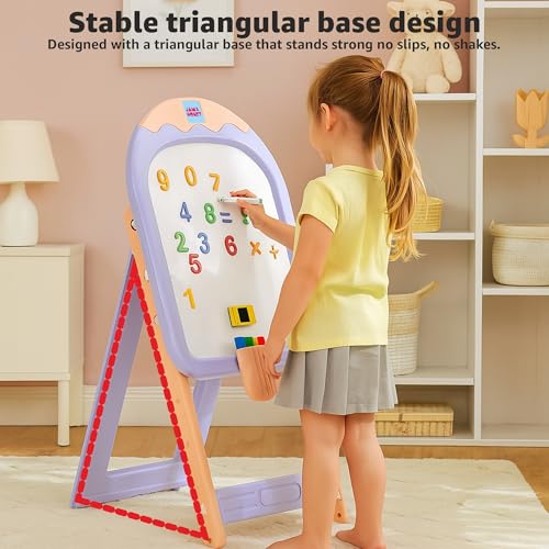 Image of Amazon Brand - Jam & Honey Ice Cream Easel Board Set for Kids | Magnetic Board with Accessories | Activity Table & Chair | Adjustable Height | Foldable | Age 2-5 Years