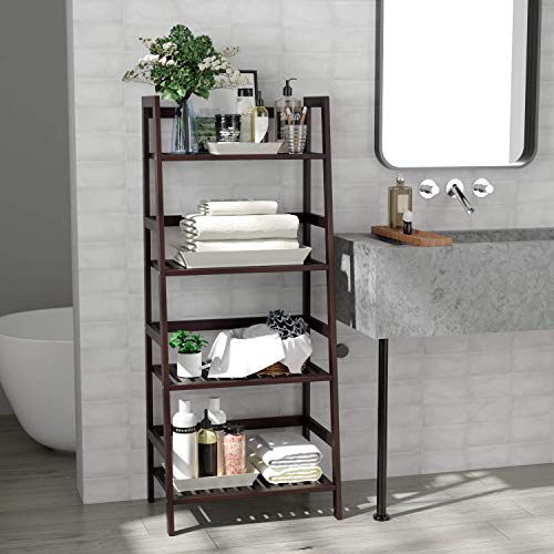 HOMFA Bamboo 4 Shelf Bookcase, Multifunctional Ladder Shaped Plant Flower Stand Rack Book Rack Storage Shelves, Dark Brown