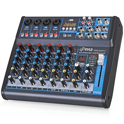 Pyle 8 Channel Bluetooth Studio Mixer - USB Computer Recording Built-In MP3 Player 48V Phantom Power 16-Bit DSP FX 3-Band EQ XLR Combo Inputs DJ Sound Board - PMXU83BT.5