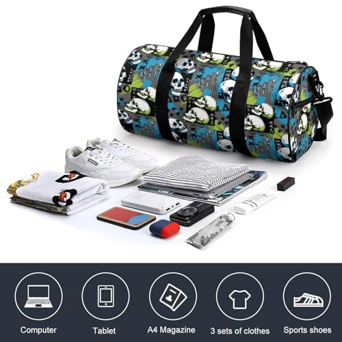 Skull Gym Bag Waterproof Sports Duffel Bag Lightweight Travel Handbag Overnight Weekender Bag4
