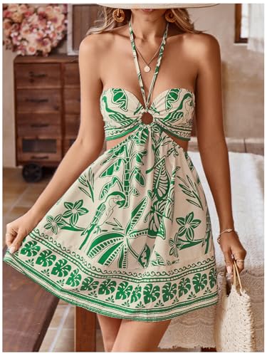 Image of Floerns Women's Floral Halter Neck Vacation Dress Sleeveless Cut Out Boho Cami Dress