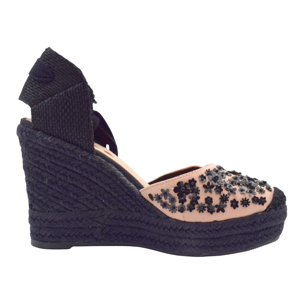 PASARELA - Sandalias valencianas con Detalles de Pedrería Plataforma y cuña de 7 Cuerdas Esparto/Yute para Mujer, Color Negro Textil y sintético