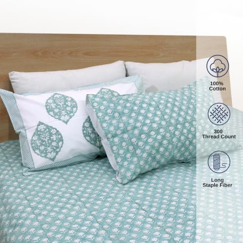 Image of TOAI Hand Block Printed Bedsheet | Bed Spread Flatsheet BedSheet | Pure Cotton | Queen Size 90 inchx108 inch | 300 TC Long Staple Cotton | 2 Reversible Pillow Covers |Cool Summer