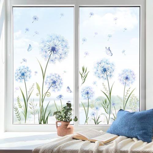 Tanlaby Fensterbilder Pusteblume Blau Fensteraufkleber Pflanzen Schmetterling Fenstersticker Blumen Frühling Sommer Fenster Aufkleber Wohnzimmer Schlafzimmer Bad Küche Glastüren Fenster Deko