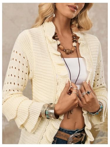 SOLY HUX Women's Open Front Ruffle Cardigan Hollow Out Lightweight 3/4 Sleeve Boho Long Sweater3