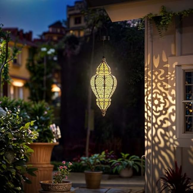 Moroccan Hanging Solar Lights Outdoor Lantern Bidirectional Availabili Garden Decor Waterproof Plastic Gold Decorations for Patio Pathway Yard Backyard Solar Powered Garden Decorative (2, gold)