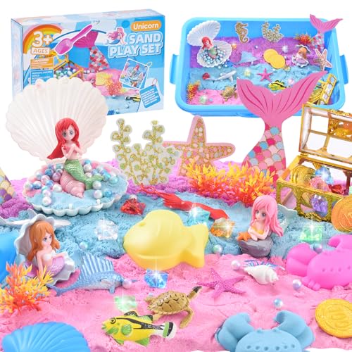 Volmop Sensory Bin for Girl, Play Sand Art Kit with Sandbox, 3.3lb Color Sand, Mermaid Tactile Sensory, Christmas Birthday Gift for Girl Toddler Ages 3-8