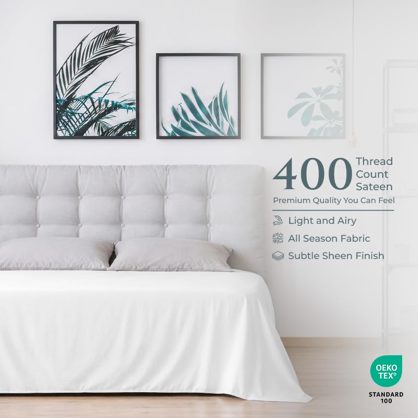 Image of Royale Linen 400 Thread Count 100% Cotton Flat Sheets Only - Cooling Sheets - Queen Top Sheet Sold Separately - Luxury Sateen Weave - Breathable & Super Soft White Flat Sheet Only (Queen, White)