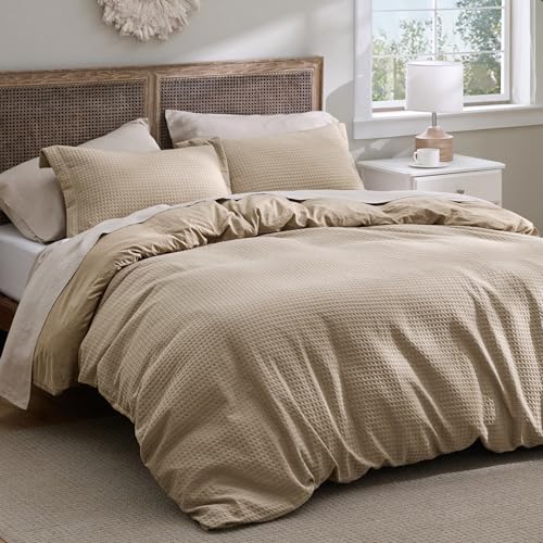 Bedsure Textured Duvet Cover King Size Soft & Breathable Comforter Cover for All Season 3 Pieces Wrinkle-Resistant Zipper Bedding with 8 Corner Ties Khaki