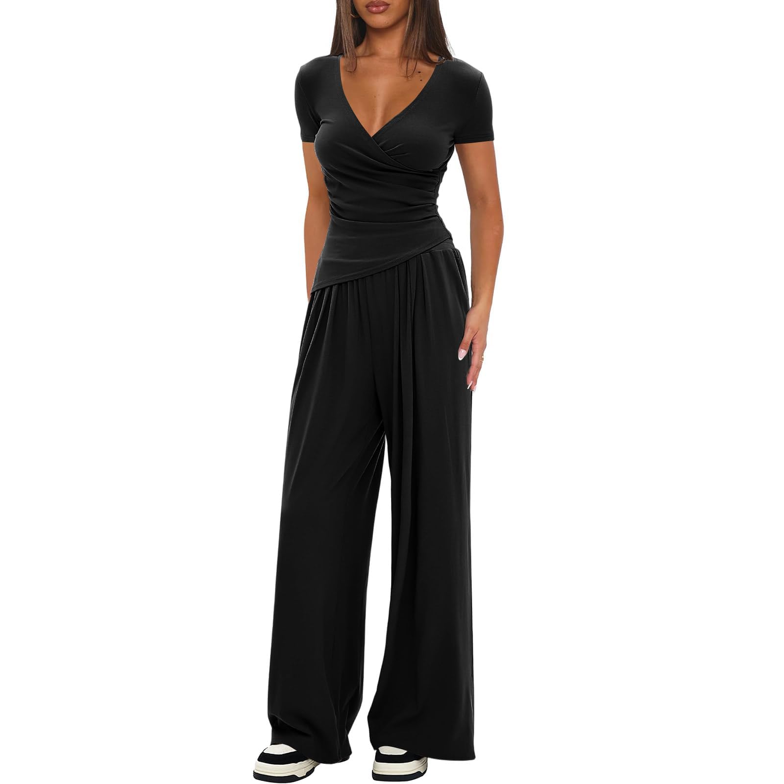 LIAMERHE Femme Ensemble 2 Pièces Été Chic Manches Courtes Col en V Cache-Cœur et Pantalon Large Fluide avec Poches Tenue de Détente Élégante Loungewear Streetwear Casual et Yoga