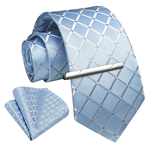Image of Enlision Ties for Men Plaid Stripe Tie Handkerchief Woven Classic Formal Necktie Pocket Square Clip Set