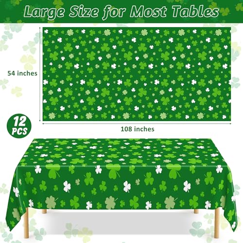 Image of 12 PCS St Patricks Day Tablecloth, Disposable 108 inch X 54 inch Shamrock Green Plastic Tablecloths, Lucky Shamrock Decor St Patricks Day Decorations for Table, Rectangle Irish Table Cover for Green Party